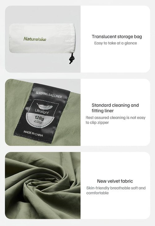 Naturehike Sleeping Bag Liner Ultra-Light 4.51oz - Adult Sleep Sack & Travel Sleep Sack Travel Sheets & Camping Sheet for Backpacking, Hotel, Hostels, Comfy & Easy Care, Full-Length (Hiking Green)