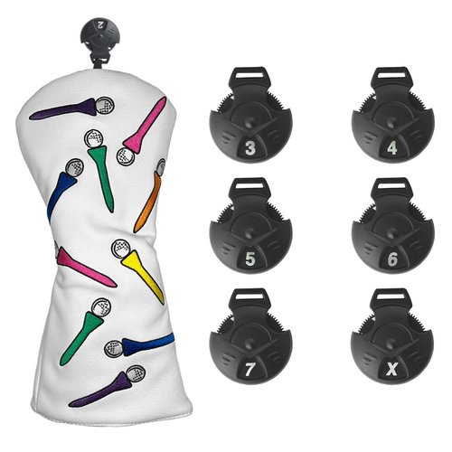 Andux 3pcs/Set Tee Pattern PU Golf Wood Club Head Covers 460cc Driver Covers with Long Neck White