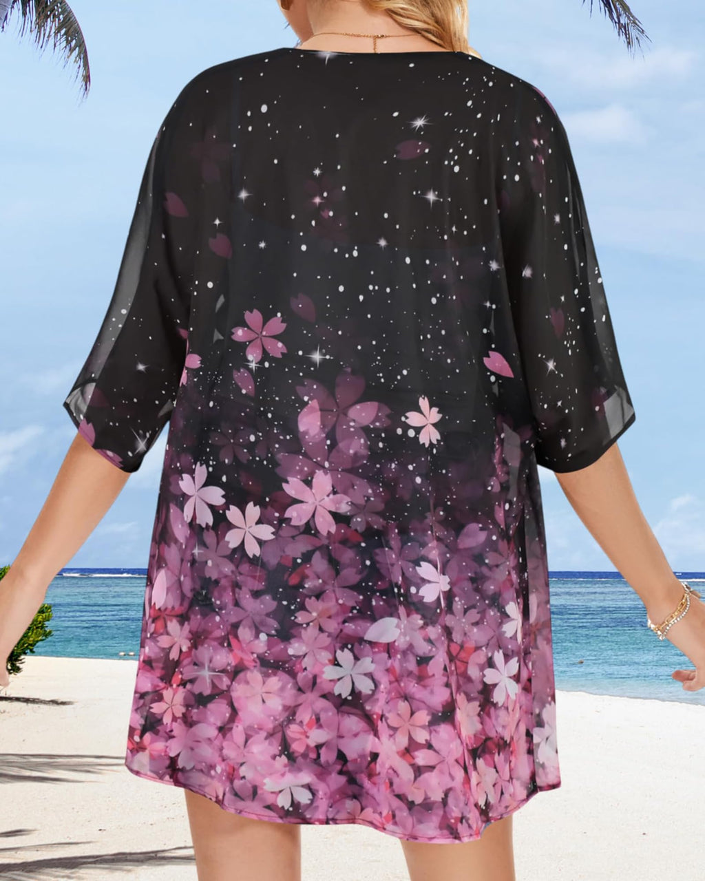 Women's Floral Print Puff Sleeve Kimono Cardigan Loose Cover Up Casual Blouse Tops(Black Pink Purple Floral,L)