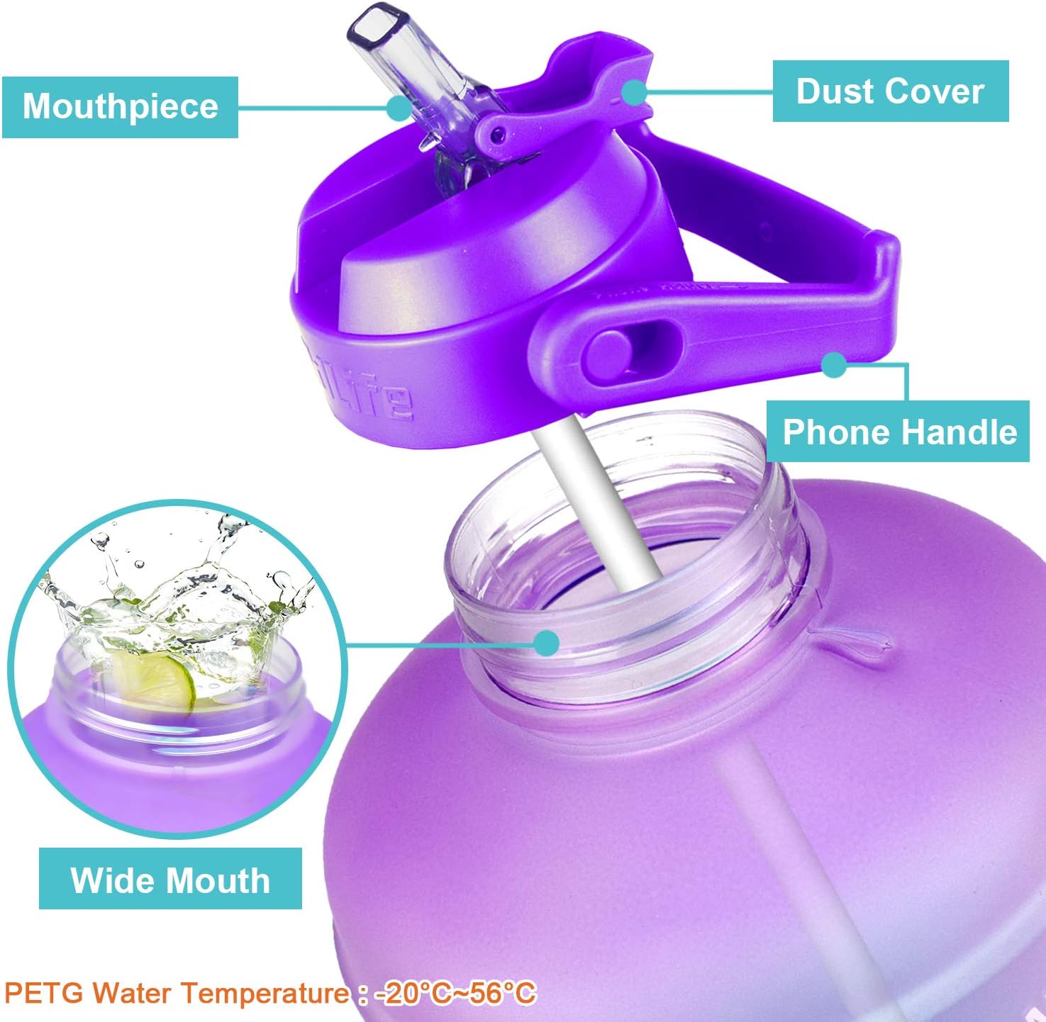 QuiFit 1 Gallon Water Bottle - Leak-Proof With Straw & Motivational Time Marker | BPA-Free, 128oz Capacity