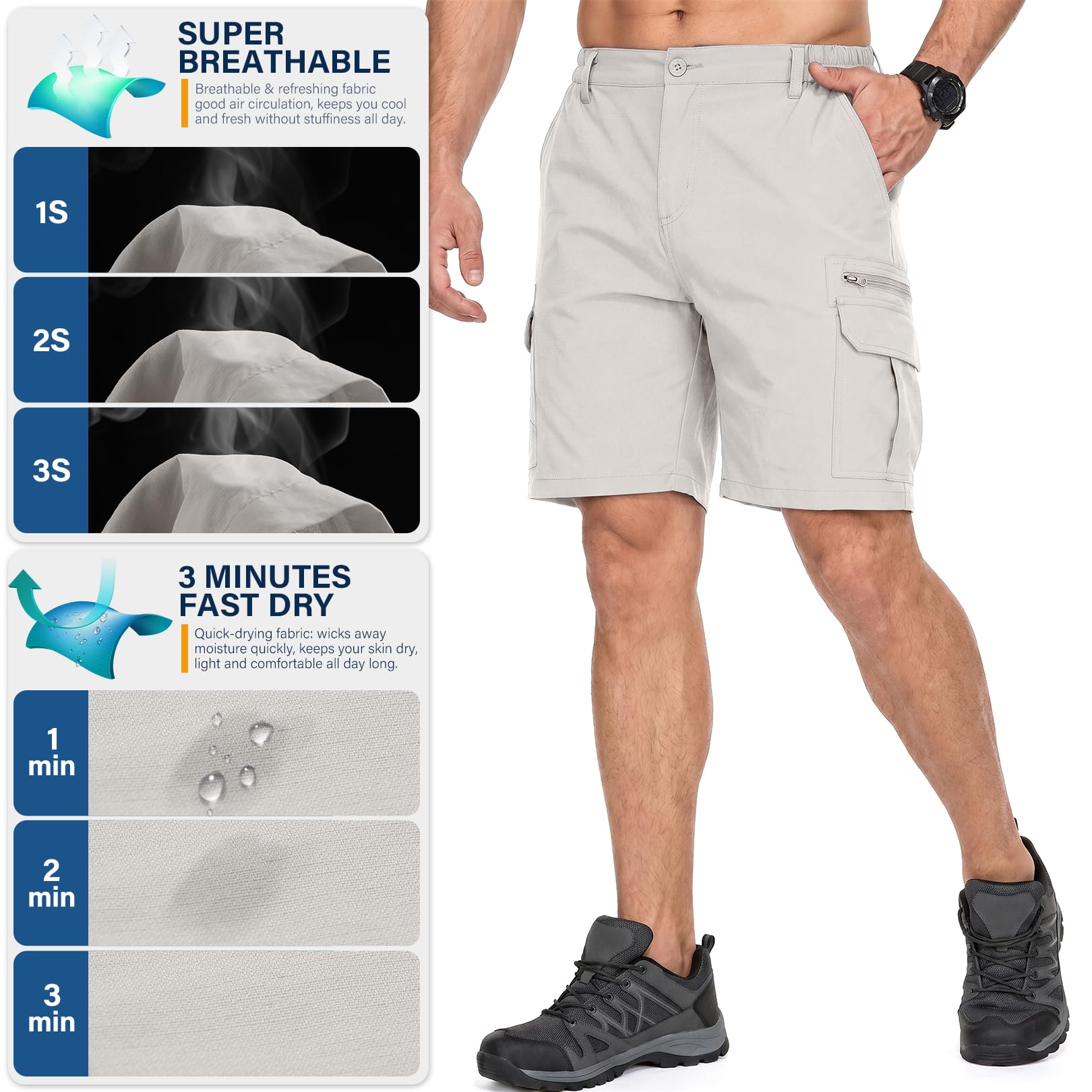 Jessie Kidden Mens Outdoor Casual Expandable Waist Lightweight Water Resistant Quick Dry Fishing Hiking Shorts (6222 Beige Apricot 34)