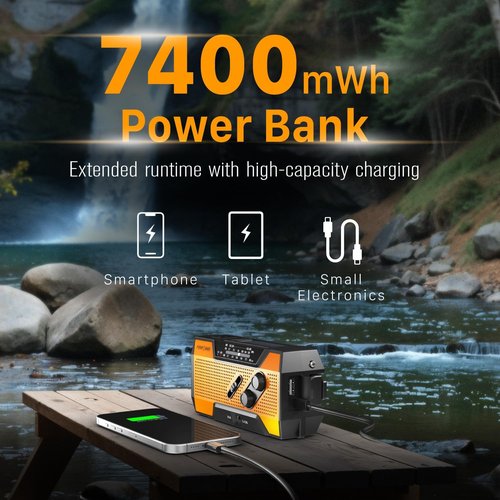FosPower NOAA Emergency Weather Radio - Portable AM/FM Radio with USB/Solar/Hand Crank Charging | SOS Alarm & Flashlight - Orange