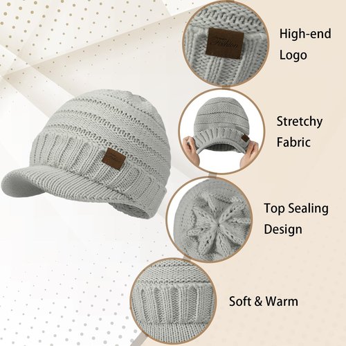 Winter Hats for Women - Warm Cute Knit Winter Hat, Casual Stylish Knitted Beanie Hat for Women, Soft Stretch Womens Winter Hats with Visor, Gray