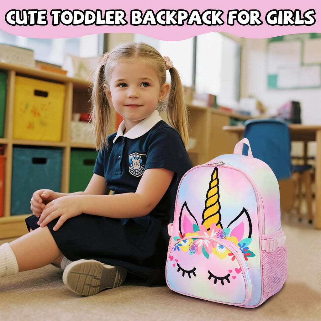Kids Backpack Girls School Backpack Preschool Kindergarten Unicorn Toddler BookBag with Chest Clip (Tie Dye headband)