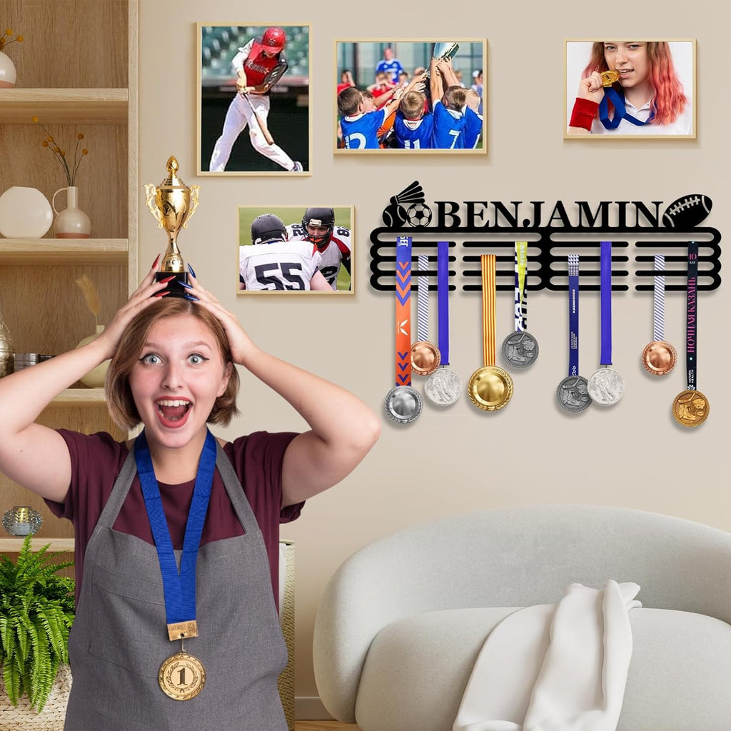 Skiennix Personalized Medal Hanger Display - Custom Name Wall Mount Trophy Shelf | Tiered Award Rack for Sports