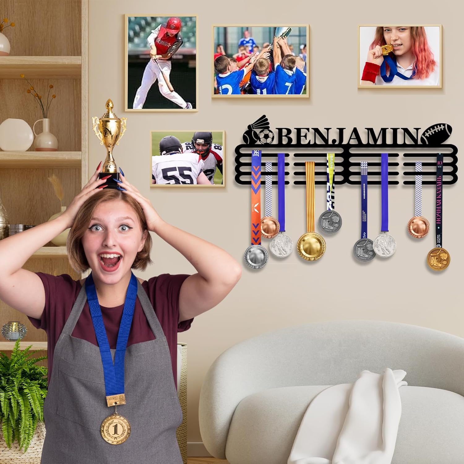 Skiennix Personalized Medal Hanger Display - Custom Name Wall Mount Trophy Shelf | Tiered Award Rack for Sports