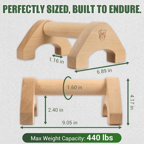 Wooden Push Up Bars, 2 PCS Solid Beech Wooden Parallettes with Embedded Non-slip Feet & Training Poster for Floor, Push Up Stands for Men Strength Training, Planks, Calisthenics & Home Gym Workout