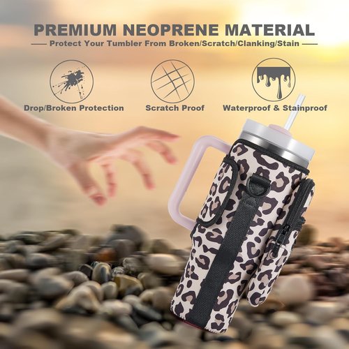 BULKITEM Water Bottle Carrier Bag - Insulated Neoprene Pouch with Phone Pocket for Stanley 40 & 30 oz Tumbler - Pink