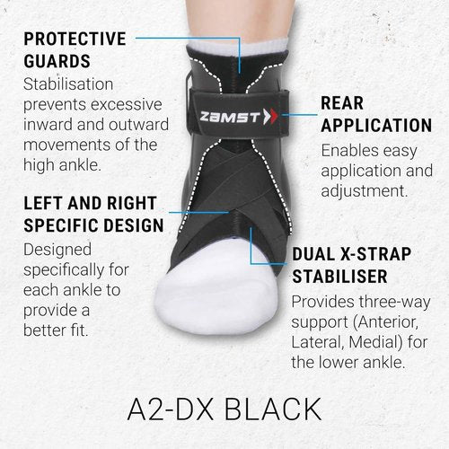 Zamst A2-DX Black Ankle Brace for Sports - Breathable Sports Ankle Support for Men and Women with Guard Stabilizers for High-Grade Ankle Sprain - Left, Medium
