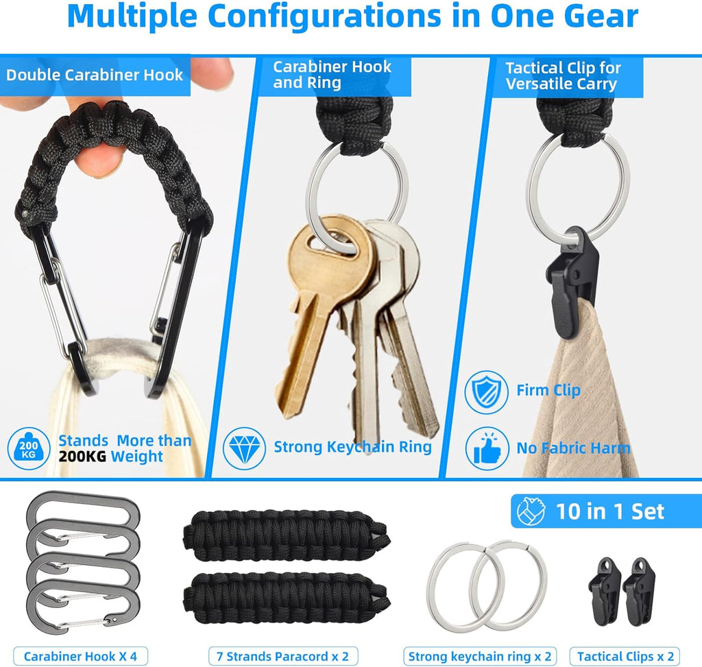 Paracord Keychain Carabiner Set - Multi-Function EDC Gear with Tactical Clips & D-Ring Hook for Outdoor Adventures