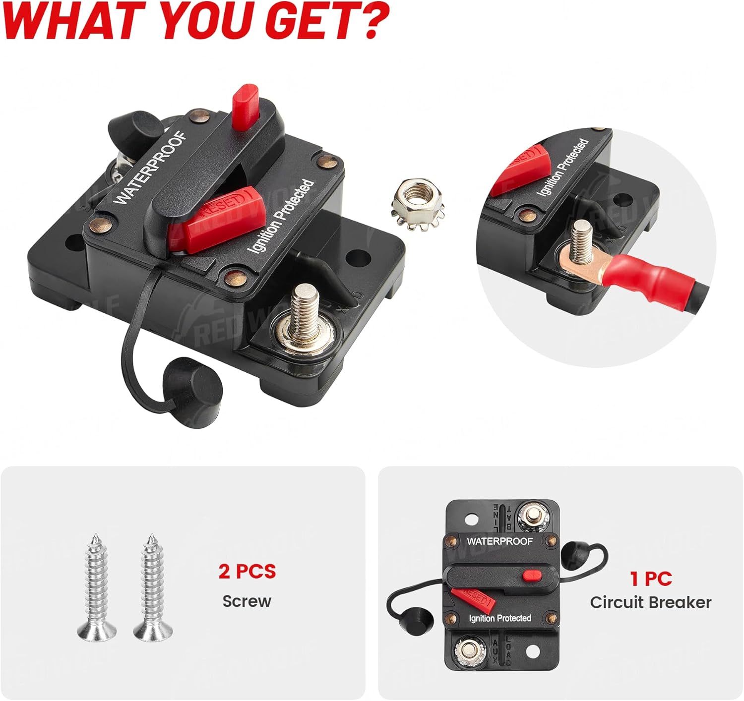 RED WOLF Waterproof 100Amp Circuit Breaker - Inline Fuse with Manual Reset for Marine & ATV 12V-48V DC