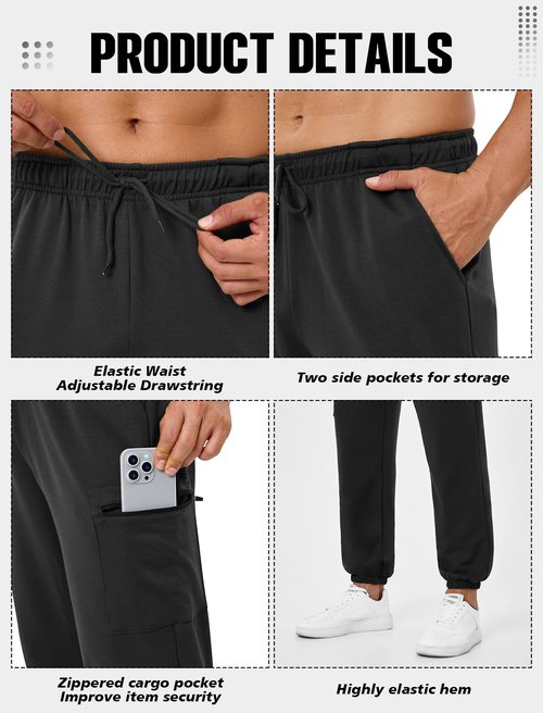 SILKWORLD Mens Cargo Sweatpants Elastic Bottom Baggy Joggers for Men Loose Fit Lounge Pants with Zipper Pockets Black Large