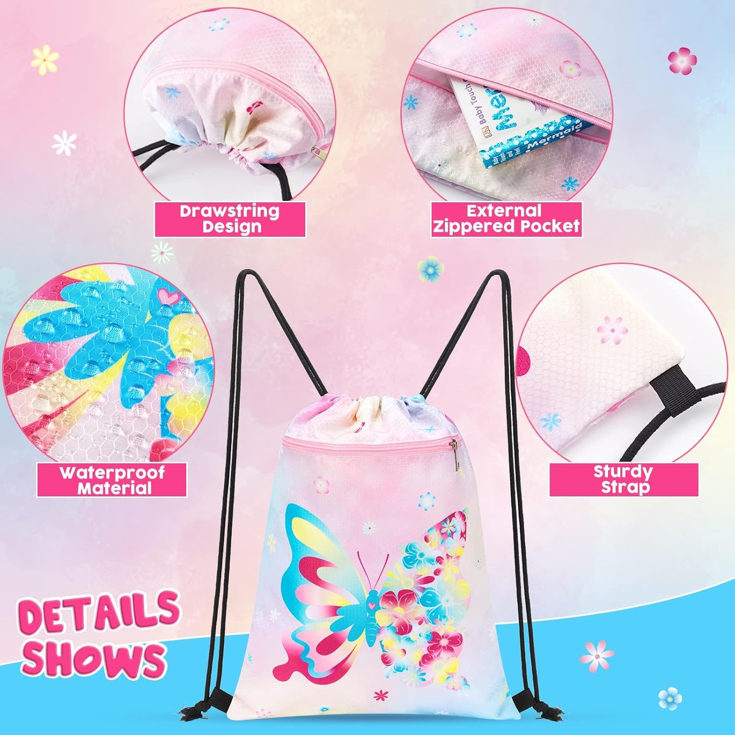 WAWSAM Butterfly Drawstring Backpack for Kids - Waterproof Sports Gym Bag | 13" x 18" Perfect for Beach & Travel
