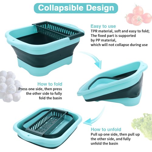 Collapsible Dish Basin with Drain Plug and Portable Sink, 11L(2.91 Gallon) collapsible Bucket with Sink, FoldableWash Basin for Station Campin/Camping/Rv/Kitchen (Green)