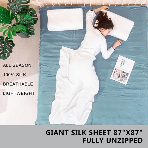 Exermil 100% Silk Sleep Sack with Zippers on 3 Sides, 87”x43” Large Sleeping Liners for Hotels, Travel & Camping, Multifunctional Travel Sheets (Unzipped:87”x87”) for Adults, Lightweight, All Seasons