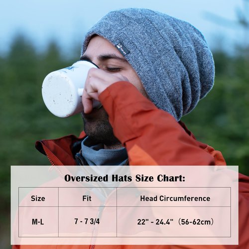 TOP-EX Winter Slouchy Beanies Hats for Men Big Head Merino Wool Knitted Skull Fleece Lined Long Stocking Ski Running Large XL XXL Black
