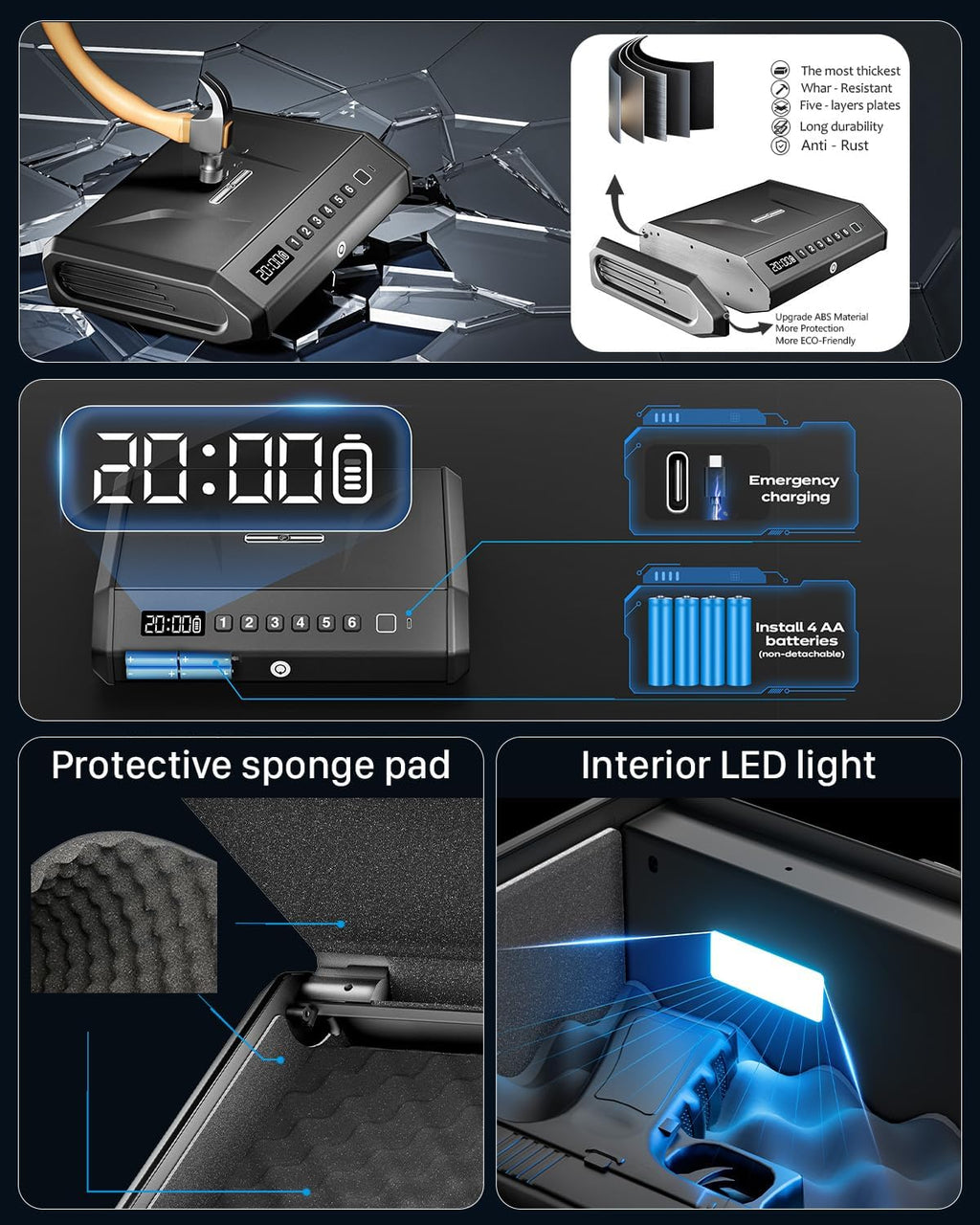 TOPMEDA Large Biometric Gun Safe - Fits 4 Pistols | 100 Fingerprint Sets, Internal Light & Silent Mode