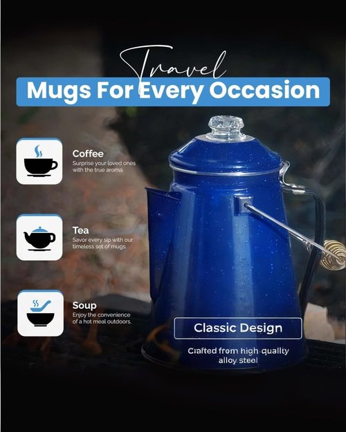 Toughty Enamel Coffee Percolator – 12-Cup Stovetop Camping Coffee Pot for Open Fire, Grill, or Gas Stove – Durable, Old-Fashioned Percolator with 2 Enamel Mugs for Outdoor Brewing - Blue