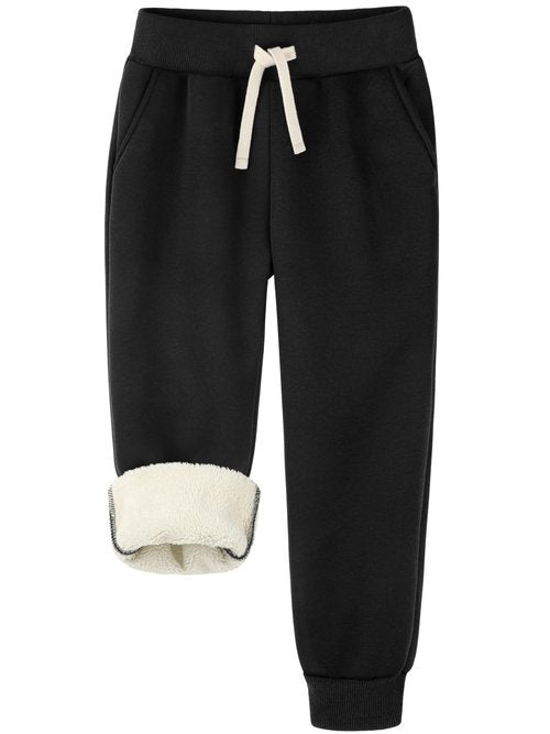 Aocku Warm Sherpa Boys Girls Sweatpants, Fleece Lined Winter Jogger Pants with Pockets Drawstring for Unisex Kids Black L