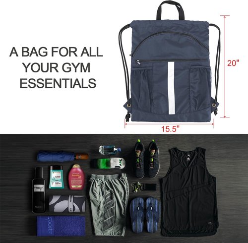BeeGreen X-Large Drawstring Backpack - Black Gym Bag with Shoe Compartment for Sports & Travel
