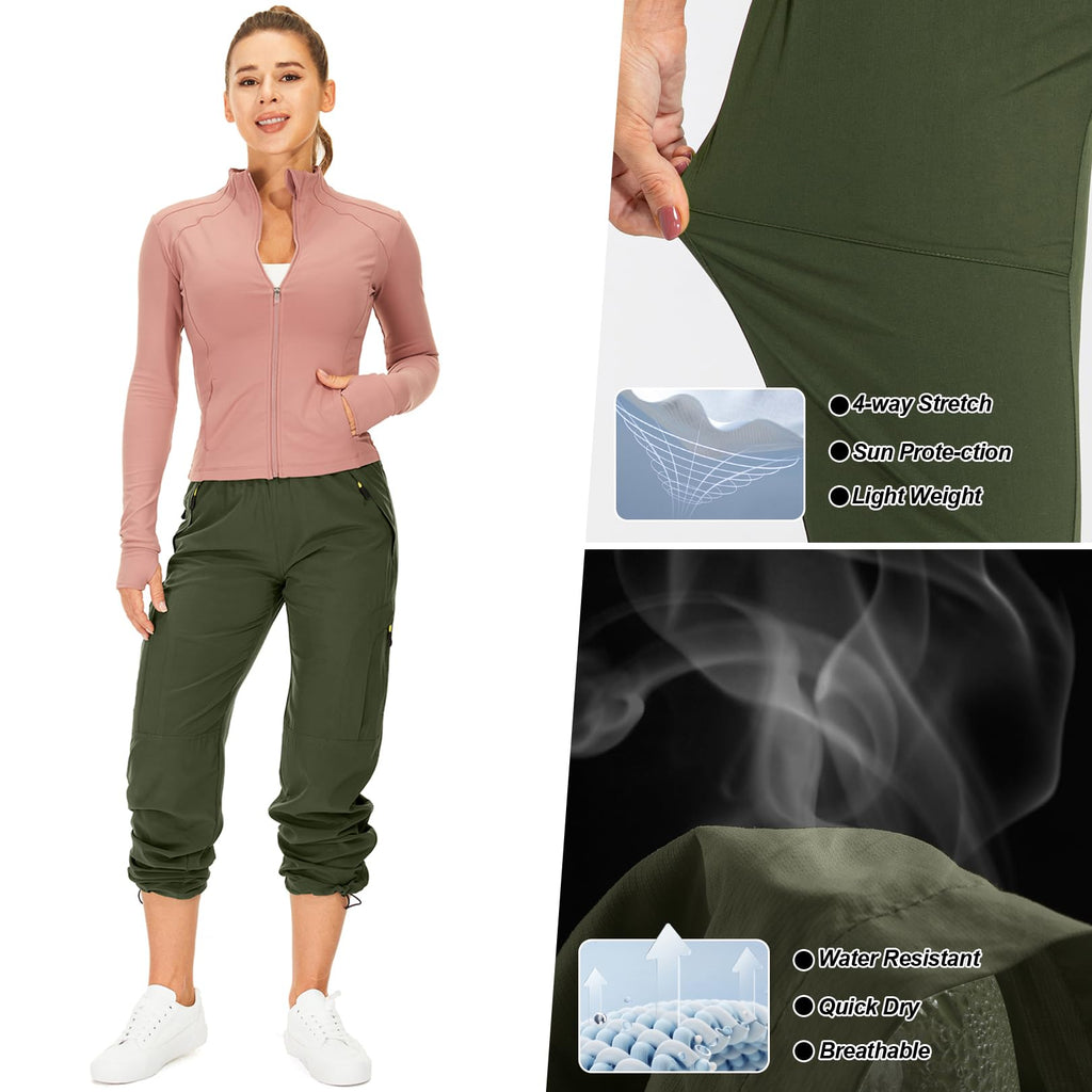 Womens Hiking Pants Quick Dry UPF 50 Lightweight Travel Golf Cargo Safari Pants Zipper Pockets,6608,Army,Petite XL