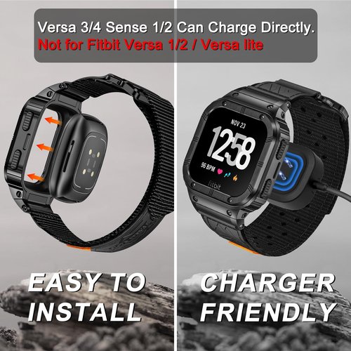 MioHHR Band Compatible with Fitbit Versa 4 3 2 1 /Fitbit Versa Lite/Fitbit Sense/Sense 2 Bands with Stainless Steel Case, Breathable Nylon Sport Adjustable Strap Replacement Rugged Wristband for Men