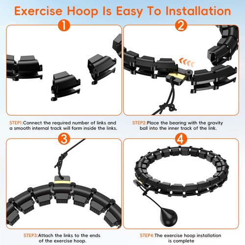HCOIW Plus Size Silent Weighted Hula Infinity Fitness Detachable Hoops 65-Inch 32 Knot, Smart Noiseless Infinity Hula for Women, 2-in-1 Waist and Abdominal Home Workout Equipment, Black