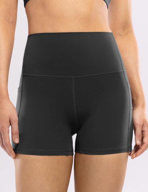 POSHDIVAH Women's Creamluxe Yoga Shorts with Pockets - 4" High Waisted Spandex Workout Running Volleyball Biker Shorts, Black Medium