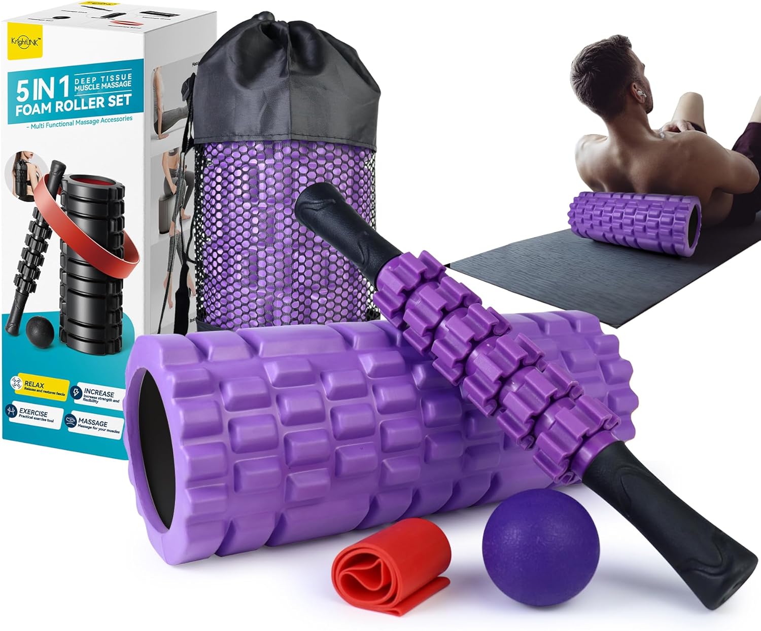 Skiennix 5-in-1 Foam Roller Set - High Density Deep Tissue Massager for Full Body Therapy (Purple)