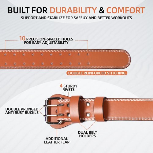 Leather Weight Lifting Belt, 4”& 6”Padded Lumbar Back Support, 10 Adjustable Holes, Gym Weight Belt Ideal for Deadlift, Powerlifting, Bodybuilding and Squat (6-Inch Brown, L (24"-35"))