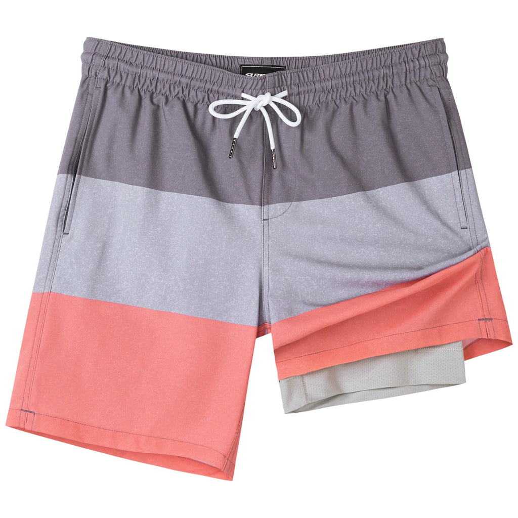 SURF CUZ Mens Swim Trunks with Compression Liner Quick Dry Swim Shorts 7" Swimming Trunks Stretch Zipper Pockets,Pink Stripes,L