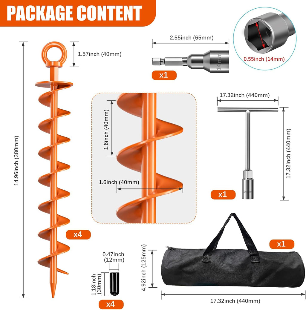 Phopich Ground Anchor Screws - Heavy Duty 4 Pack Spiral Anchors for Trampolines & Tents | High Wind Orange