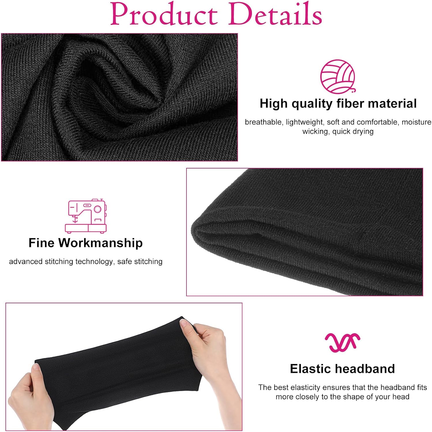 Skiennix Black Headbands for Women - Non-Slip, Soft Elastic Design | 3 PCS, 9.25" x 5.31" for Gym & Yoga