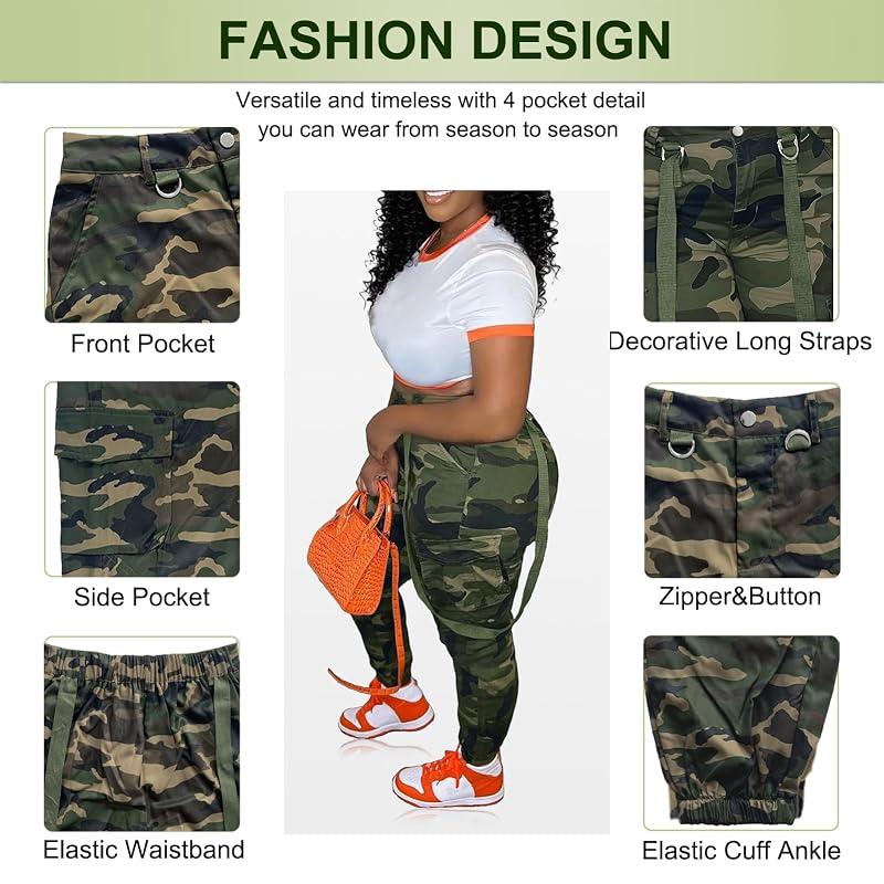 Camo Cargo Pants for Women - High Waisted Army Fatigue Pants with Pockets, Variation: Camouflage+Large