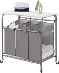 Storage Maniac 3-Section Laundry Sorter - Heavy-Duty Rolling Cart with Foldable Ironing Board | Dark Grey