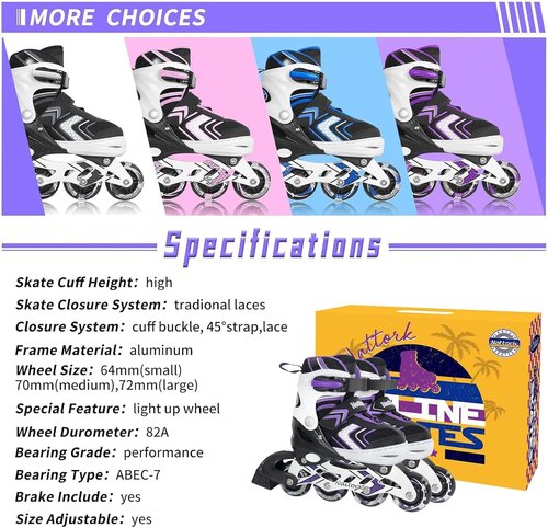 Nattork Adjustable Inline Skates - Light-Up Wheels for Kids | Beginner Roller Skates in Purple, Pink, Blue, Black