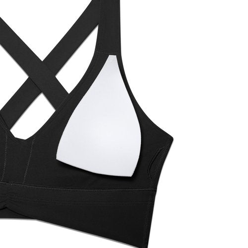 CRZ YOGA Butterluxe Ruched Longline Sports Bras for Women - V Neck Padded Yoga Tank Wide Straps Cross Back Crop Tops Black Medium