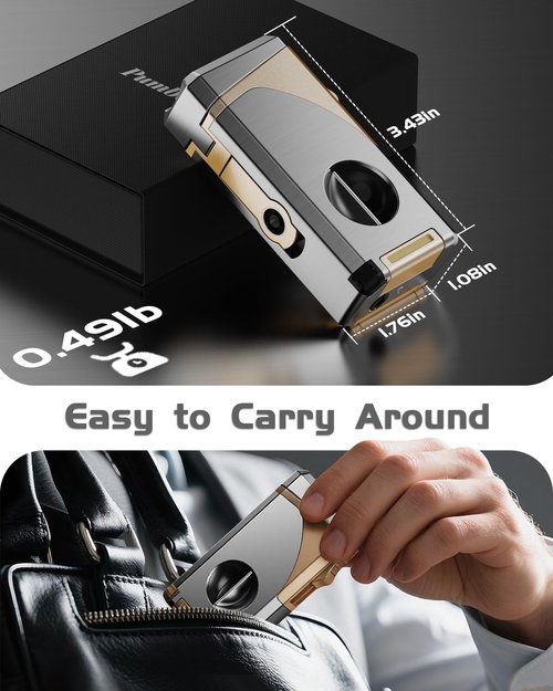 Cigar Lighter, 6-in-1 Cigar Torch Lighter with Cigar Cutter V Cut & Straight Cutter Cigar Punch Cigar Holder Cigar Draw Enhancer, 3 Jet Flame Torch Lighter Refillable Butane Lighter Cigar Gift for men