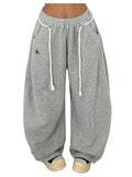 BEAUDRM Women's Baggy Barrel Sweatpants Stacked Elastic Waist Wide Leg Sweat Track Pants Lantern Trouser with Pockets Light Grey Large