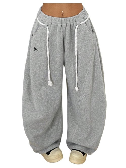 BEAUDRM Women's Baggy Barrel Sweatpants Stacked Elastic Waist Wide Leg Sweat Track Pants Lantern Trouser with Pockets Light Grey Large