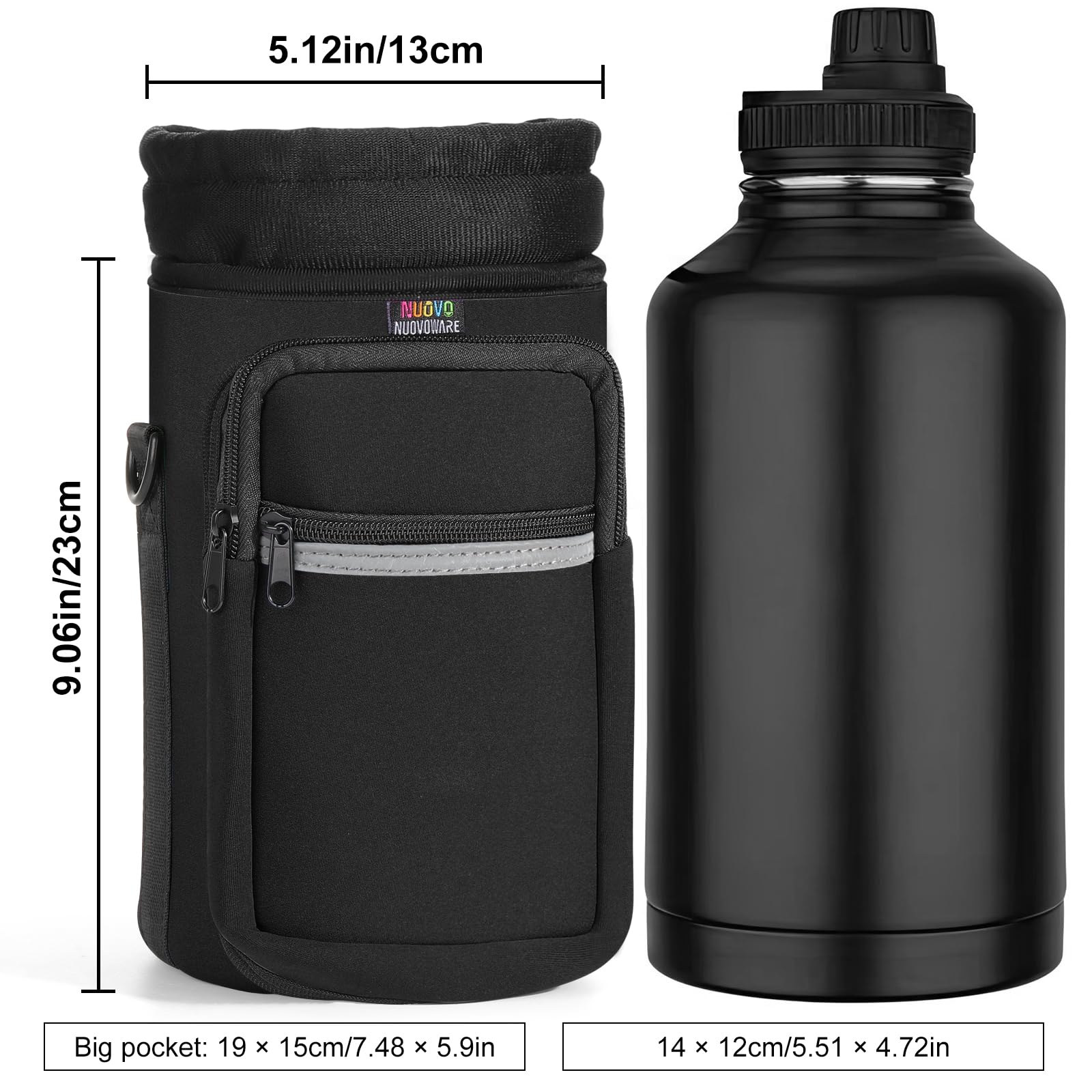 Nuovoware Water Bottle Carrier Bag, 64oz Bottle Pouch Holder, Adjustable Shoulder Hand Strap 2 Pocket Sling Neoprene Sleeve Sports Accessories for Hiking Travelling Camping, Magenta