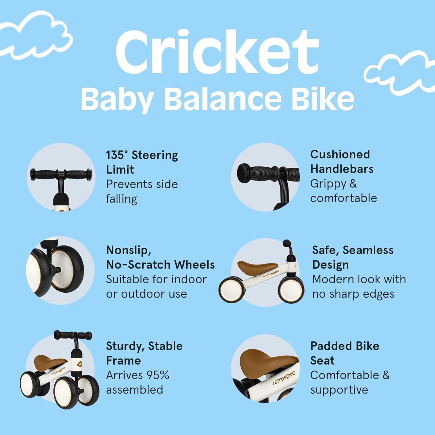 Retrospec Cricket Baby Balance Bike - 4-Wheel Ride-On Toy for Toddlers 12-24 Months | Perfect First Birthday Gift