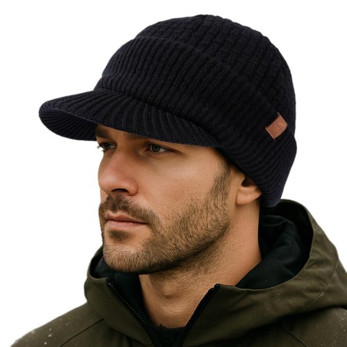 TOP-EX PolarWool™ 50% Merino Wool Winter Hat for Men Women Visor Beanie with Brim Fleece Lined Knit Skull Cap for Cold Weather Outdoor Hiking Skiing Black M/L