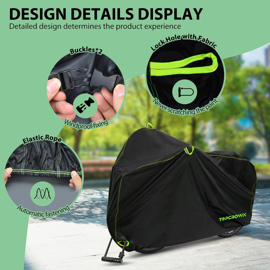 Topcrown Waterproof Bike Cover - Outdoor Storage for 1 Bike | UV, Dust & Wind Proof, XL Size (Black & Green)