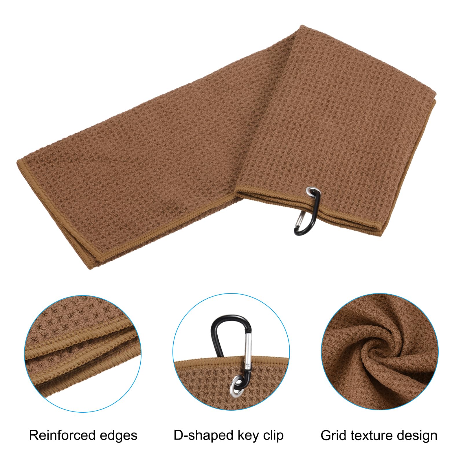 PATIKIL 12"x12" Tri-Fold Golf Towels, 3 Pack Waffle Pattern Towels Soft Fiber Strong Water Absorption with D Clip for Golf Lovers, Brown