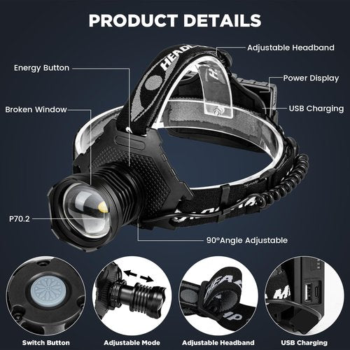 Rechargeable Headlamp, 3000 Lumens LED Super Bright Head Lamp with 5 Lighting Modes, USB Rechargeable, 90°Adjustable, Waterproof, Bright Headlamp for Adults Camping Biking Running(Βattery Included)