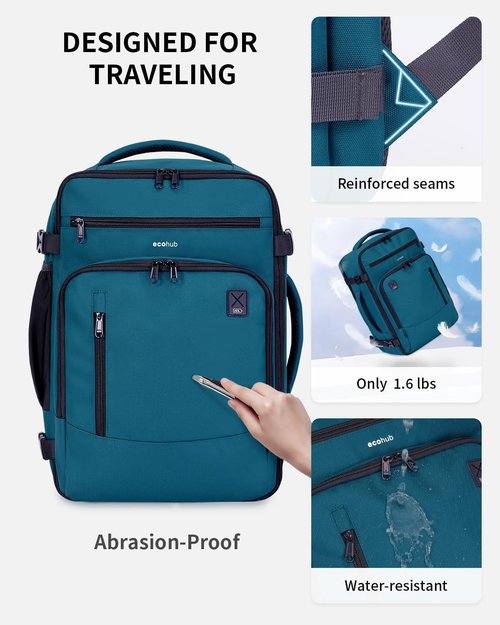 ECOHUB 17" Small Travel Backpack - Water Resistant Rucksack with 16 Pockets | Fits 15.6" Laptop, 25L, Blue Green