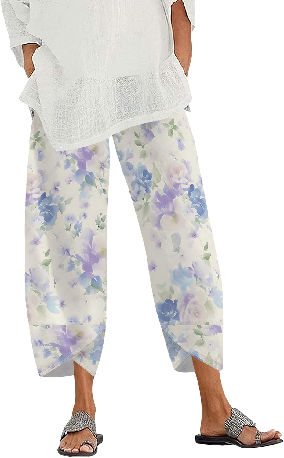 Skiennix Women's Cropped Pants - Lightweight Wide Leg Trousers with Elastic Waist & Pockets