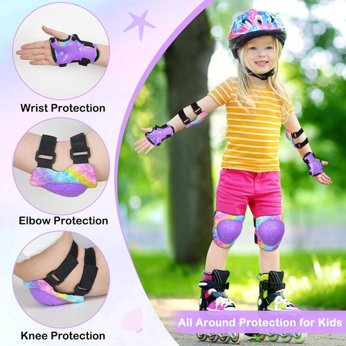 FIODAY Kids Knee Pads - Adjustable Knee, Elbow & Wrist Guards for Roller Skating | Rainbow Mermaid, 3-8 Years