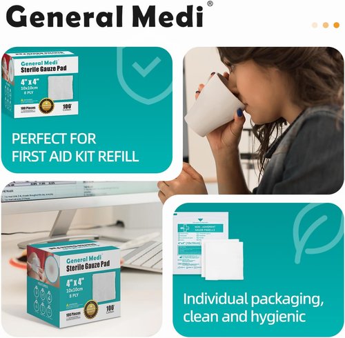 General Medi Sterile Gauze Pads - Individually Wrapped 4" x 4" Wound Care for Cuts & Burns | 50 Packs (100 Total)
